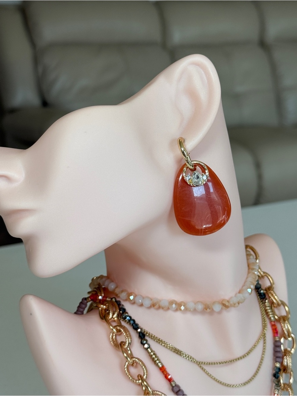 Gold Hoop Carnelian Drop Earrings - Rich Orange